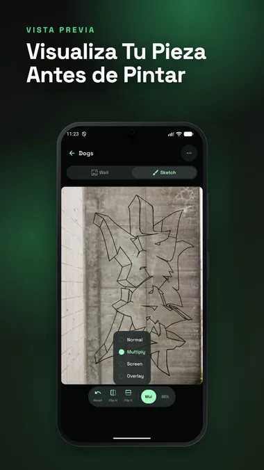 Previsualización en pared de SprayDeck: un boceto superpuesto sobre la foto de una pared real