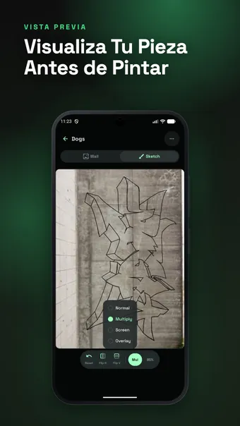 Captura de SprayDeck: boceto superpuesto sobre la foto de una pared con controles de capas
