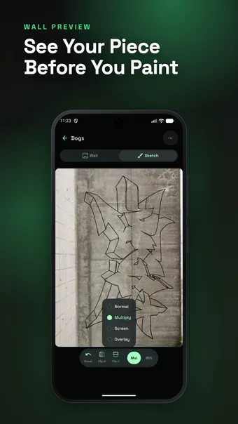SprayDeck screenshot: sketch overlaid on a wall photo with layer controls