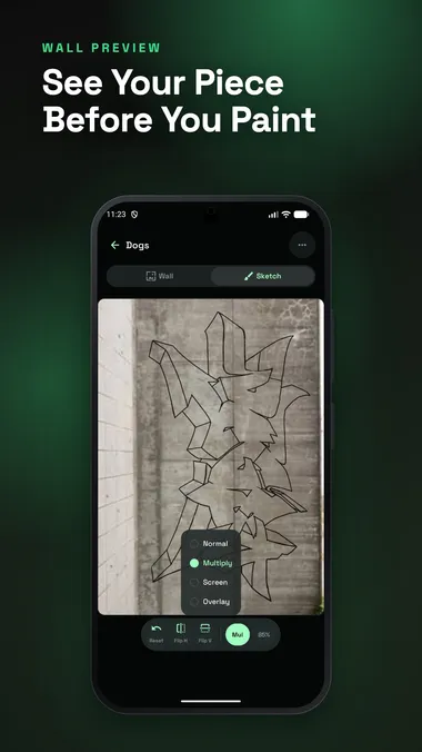 SprayDeck wall preview: a sketch overlaid on a photo of a real wall