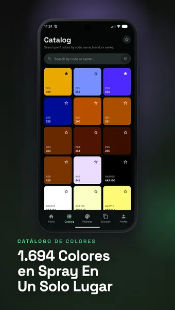 Captura de SprayDeck: cuadrícula del catálogo de colores de spray