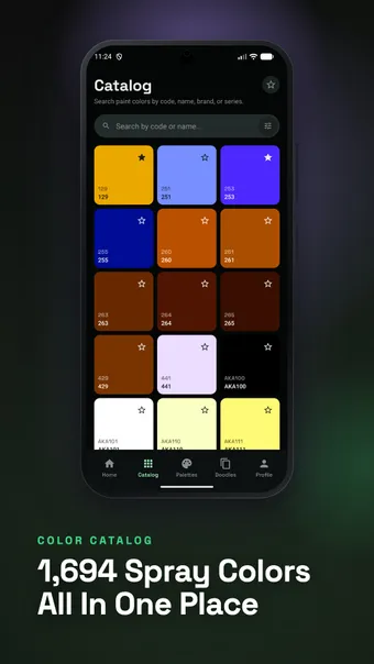 SprayDeck screenshot: spray paint color catalog grid